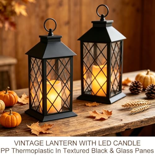 2-Pack 13.5" Vintage Candle Lantern with LED Pillar Candle (Black, 6hr Timer) - IP44 Waterproof Battery Powered Decorative Light - Outdoor Patio Hanging Lantern Decorative Tabletop Light - color: [ 2-pack ] Textured Black Lantern - White Candle
