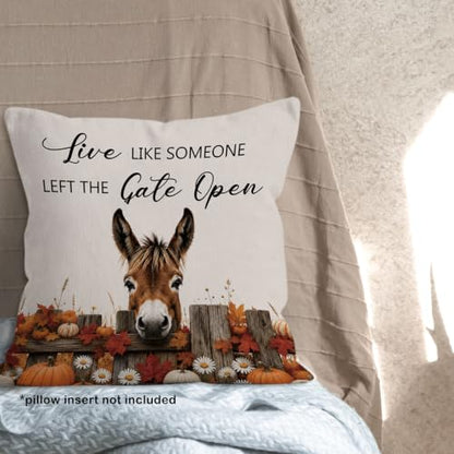 Fall Donkey Daisy Floral Pumpkin Leaves Throw Pillow Covers 18x18 - color: Donkey-02