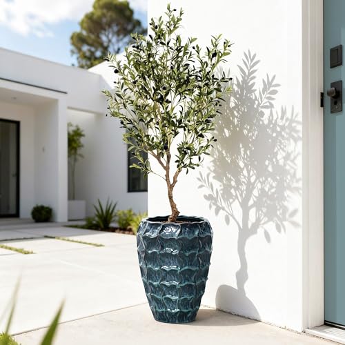 LuxenHome 17.7" Blue Ceramic Plant Pot, Tall Planter with Geometric Texture