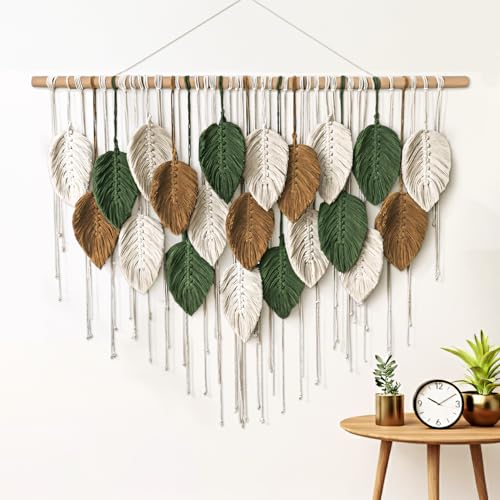 KORSIV Macrame Wall Hanging Boho Woven Tapestry, 39" x 31.5" Modern Bohemian Handmade Leaf Feather Wall Art Decorations for Apartment Dorm Living Room Bedroom Nursery Backdrop, Chic Home Decor