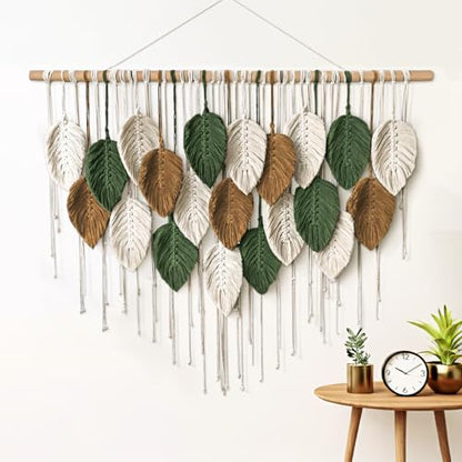 KORSIV Macrame Wall Hanging Boho Woven Tapestry, 39" x 31.5" Modern Bohemian Handmade Leaf Feather Wall Art Decorations for Apartment Dorm Living Room Bedroom Nursery Backdrop, Chic Home Decor
