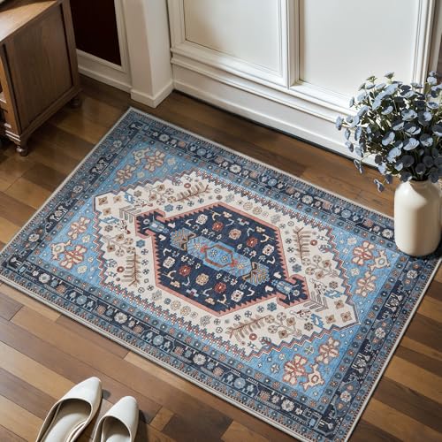 Ciicool 2x3ft Small Area Rug,Washable Boho Thin Mat for Entryway Kitchen - color: Blue/Beige, size: 2' X 3' (Rectangular)