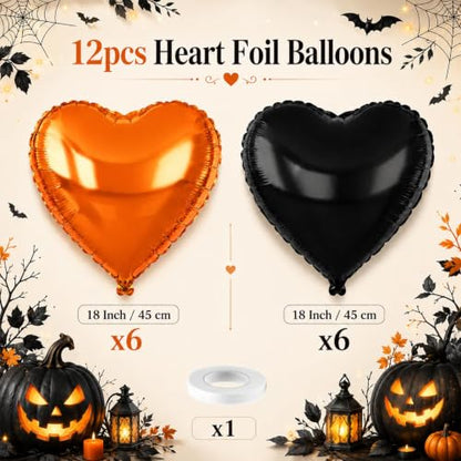 Black Orange Heart Balloons,12Pcs 18Inch Heart Shaped Balloons - color: Black Orange