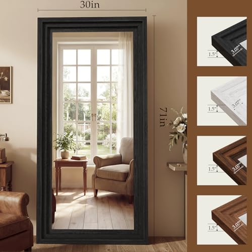 Wood Full Length Mirror 71"x30", Large Solid Wood Frame Floor Mirror - color: Black, size: 71"L x 30"W