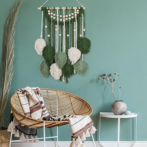 Newwiee Green Macrame Wall Hanging,27.6 x 15.8 Inch Boho Leaf Woven Tapestry Green Handmade Woven Leaves Feather Decorations for Bedroom, Living Room, Nursery, Apartment