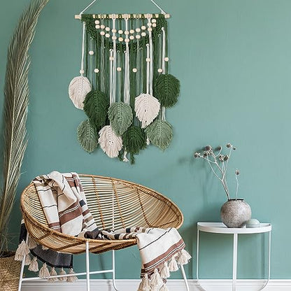 Newwiee Green Macrame Wall Hanging,27.6 x 15.8 Inch Boho Leaf Woven Tapestry Green Handmade Woven Leaves Feather Decorations for Bedroom, Living Room, Nursery, Apartment