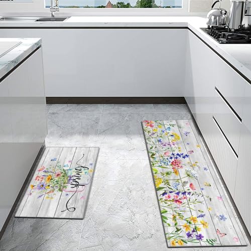Spring Kitchen Rug Set of 2,Non-Slip Washable Kitchen Mats,Wood Grain Floral Kitchen Mats,Spring and Summer Holiday Decorations for Home Kitchen,17x30+17x47 Inch - color: Spring