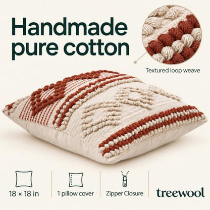 TreeWool 100% Cotton Woven Throw Pillow Cover (Pack of 1, 18" x 18", Kaavi) - color: Kaavi