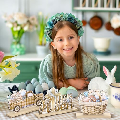 Blulu 5 Pieces Easter Table Decorations Wooden Bunny Signs Wood Easter Centerpieces for Farmhouse Rustic Home Office Tier Tray Decor Table Decoration Supplies(He is Risen)