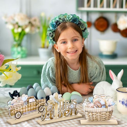 Blulu 5 Pieces Easter Table Decorations Wooden Bunny Signs Wood Easter Centerpieces for Farmhouse Rustic Home Office Tier Tray Decor Table Decoration Supplies(He is Risen)