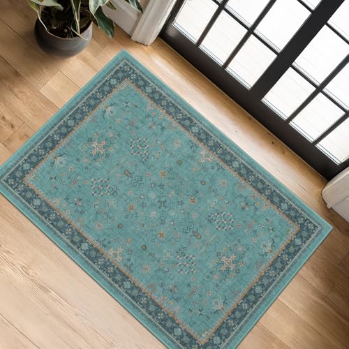 2x3 Washable Teal Rug for Entryway Indoor, Kitchen Floor Waterproof, Bathroom, Powder Room, Non Slip Low Pile Stain & Fade Resistant, Modern Turquoise Aqua Décor - color: Emerald Teal, size: 2' x 3' (Rectangular)