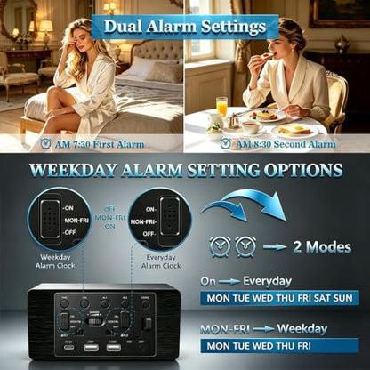 Premium Black Wooden Digital Alarm Clock with Wireless Phone Charger, Dual USB Charging Ports, Dimmable LED Display, Date and Day of Week, Small Digital Desk Clock for Bedroom Nightstand Bedside Table - color: Black