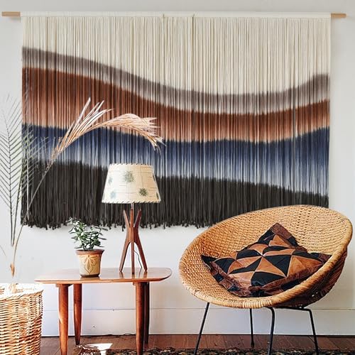 Macrame Wall Hanging Tie-Dye Bule Boho Wall Decor Yarn Fiber Art 57"W*35"L - color: Brown and Blue, size: 57"W*35"L