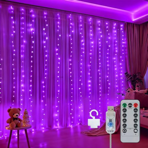 300LED Fairy Curtain Lights 9.8ft x 9.8ft LED Dimmable Twinkle Lights - color: Purple