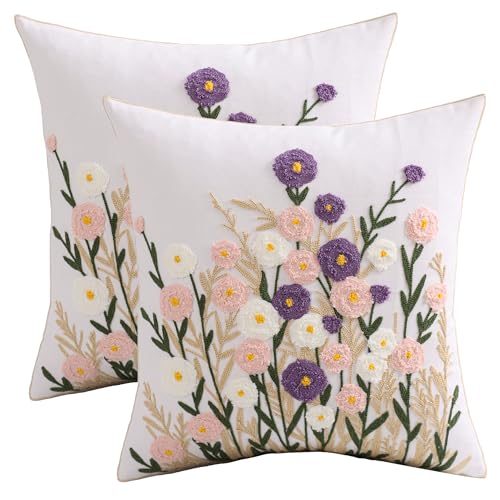 Embroidered Throw Pillow Covers 18x18 Pack of 2 Purple Pink Flower - color: Purple-pink Flower