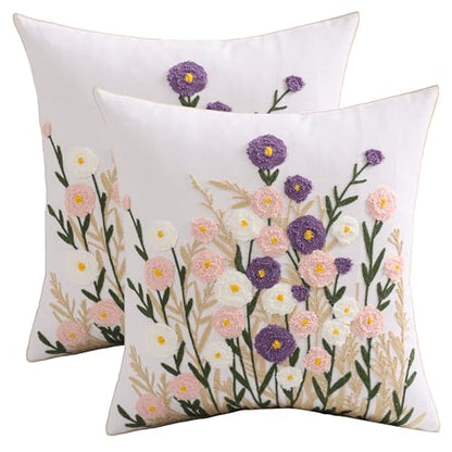 Embroidered Throw Pillow Covers 18x18 Pack of 2 Purple Pink Flower - color: Purple-pink Flower