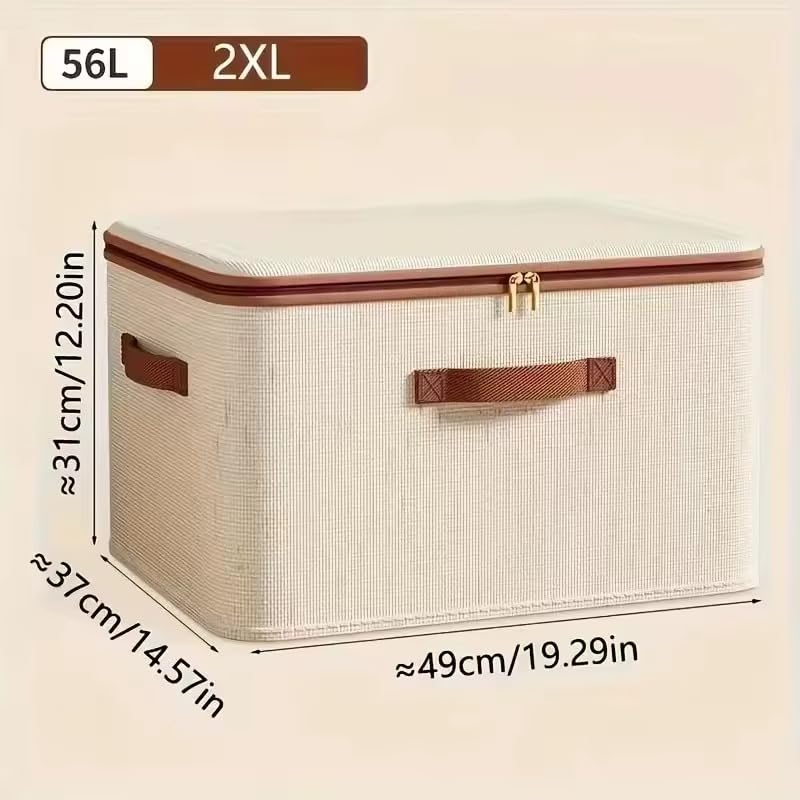 Storage Box with Lid & Zipper – 56L Large Cotton Linen Organizer Bin, Hardboard Structure, Gold Two-Way Zipper, Leather Handle, Foldable Closet Box for Clothes Blankets Toys, Beige