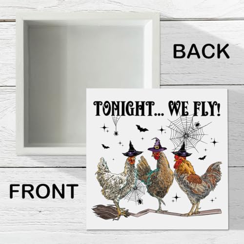 Funny Halloween Witchy Chicken Decor Tonight We Fly Wooden Box Sign - color: Chicken Halloween