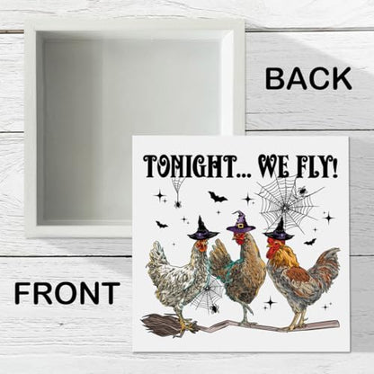 Funny Halloween Witchy Chicken Decor Tonight We Fly Wooden Box Sign - color: Chicken Halloween