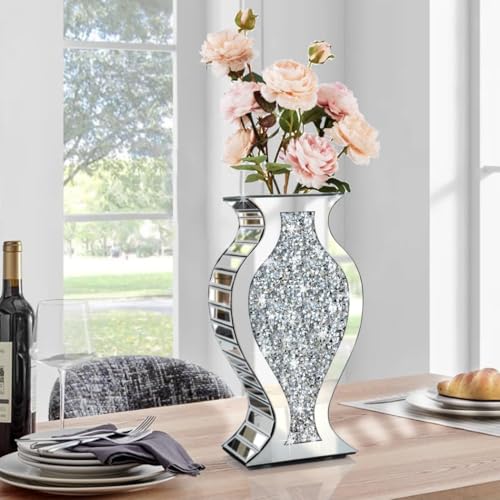 Crushed Diamond Mirrored Vase 15" S-Curve Silver Sparkle Decor Centerpiece - color: Silver