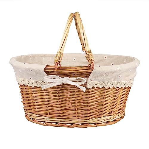 Large Multipurpose Wicker Basket with Handle, 14.2 x 11 x 6.7 in Wicker Picnic Basket with Liner, Empty Gift Basket, Oval Willow Woven Basket for Fruit, Wine, Gathering, Wedding, Picnic, by GNIEMCKIN - size: 1 PCS Large Circular vine