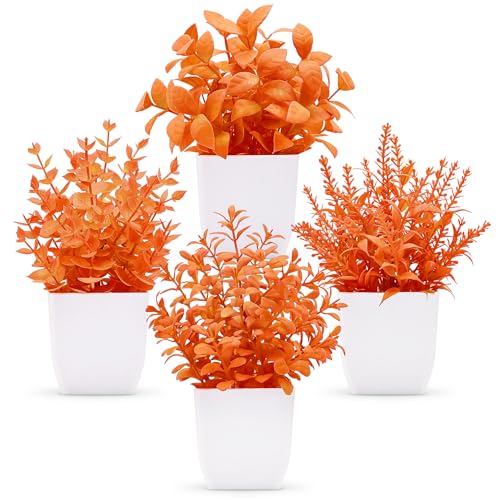 Der Rose 4 Pack Fall Fake Plants in White Pots, Autumn Bathroom Home Decor - color: Orange