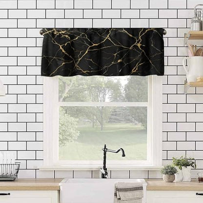 Gold Black Marble Valance, Modern Luxury Vinatge Marbling Abstract Ink Art Painting Blackout Short Window Curtain Treatment for Kitchen Bedroom Cafe Living Room, 54x18inch - color: Marble-11