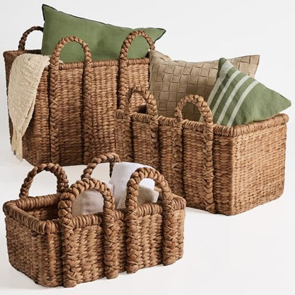Best Choice Products 3Pc Shelf Baskets, Small, Large and XL Chunky Woven Wicker Rattan Storage Baskets w/Braided Handles, Organizer Bins for Blankets, Pillows, Shoes and Toys - Chestnut