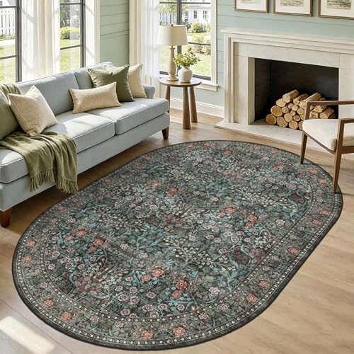 Floral 6x9 Oval Rug, Black Green Boho Washable Living Room Area Rug - color: Black / Multi, size: 6' x 9' (Oval)