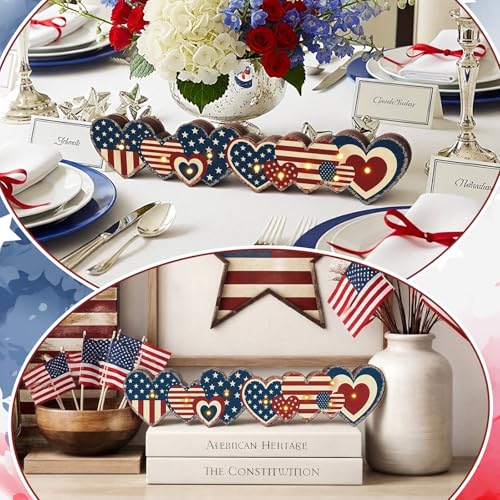 Yousoontic 4th of July Decorations Retro Patriotic Table Centerpieces with LED Lights Memorial Day Heart Wooden Sign Decor 3D Block Red White Blue Decor for 250th Anniversary Home Mantel Desk Party - style: Patriotic Star
