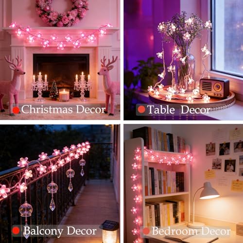 33ft 100 LED Plug in Fairy Lights, Pink Christmas Flower String Lights - color: 100 LED Pink