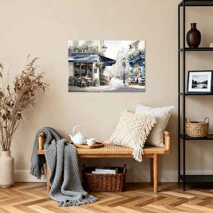 Framed European Street Canvas Art, 24"x16" Modern Cafe Scene - color: Blue 02, size: 24"L x 16"W