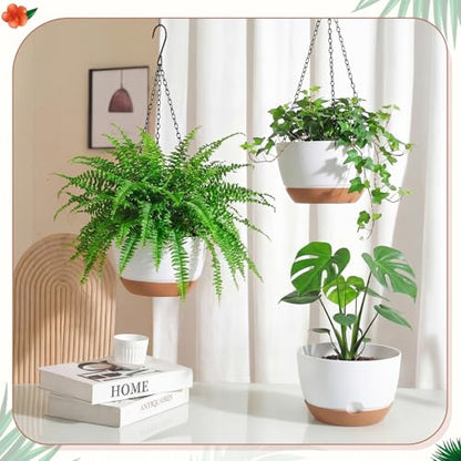 3 Pcs 8'' Hanging Planters for Plants Indoor Outdoor, Plastic Self Watering Pot with Drainage Holes Removable Tray, Hanging Baskets Flower Pot for Home Balcony Terrace Decoration (White)