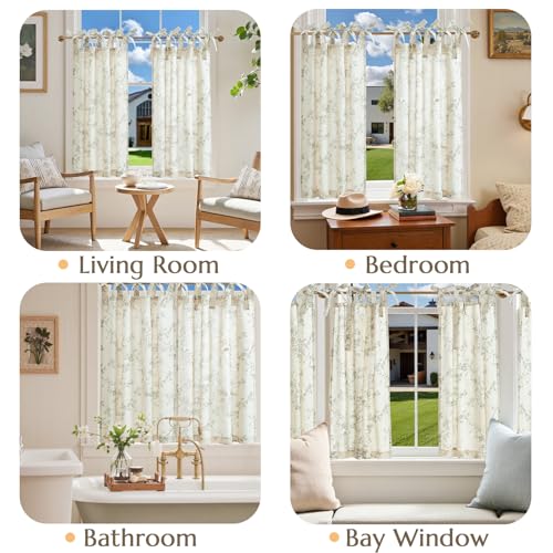 jinchan Green Floral Kitchen Tier Curtains Alisa 36 Inches Tie Top 2 Panles - color: Alisa Green on Linen, size: 26"W x 36"L (Pack of 2)