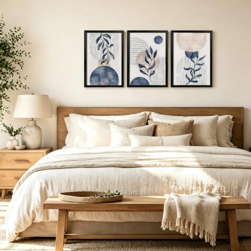 HCJWCXD Boho Navy blue plant Wall Art Canvas Prints, Set of 3, 16x24 in - color: Black Framed Navy Blue, size: 16x24 Inches