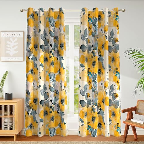 weesire 2 Pack Boho Floral Blackout Curtains, 52x84 Inches, Yellow Floral Pattern, Unlined, Grommet Top, Bedroom & Living Room - color: Yellow Floral, size: 52"W x 84"L (Pack of 2)