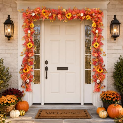 6 FT Lighted Fall Garland for Mantel, Fall Leaves Garland for Halloween