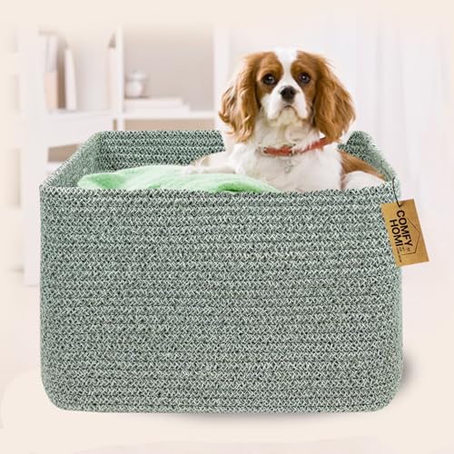 COMFY-HOMI Cotton Rope Woven Basket with Handles for Shelves,Toys,Book, Cloth Storage Baskets Bin for Organizing- 1 PCSToy Decorative Organizer for Living Room, Bathroom - color: Green, size: 13.5"X11"X9.5"