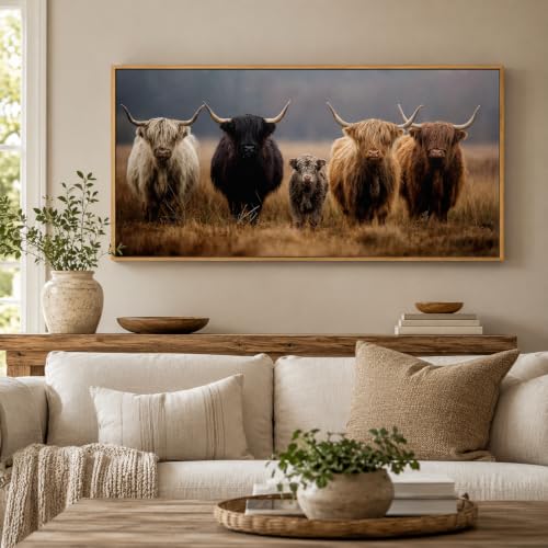 Framed Highland Cow Family Farmhouse Canvas Wall Art 24x48 Inch - color: Highland Cow, size: 48"L x 24"W