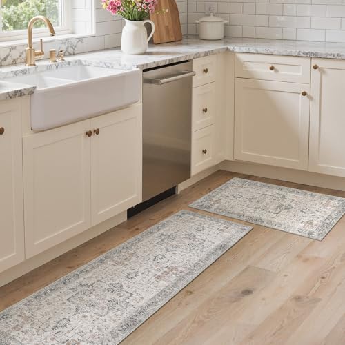 GENIMO Washable Kitchen Rugs Sets of 2, Non Slip Kitchen Mats for Floor - color: Light Taupe Brown, size: 1'5" x 2'6"+1'5" x 4'11" (Runner)