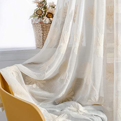 VOGOL Floral Embroidered Sheer Curtains, 52 x 84, 2 Panels, Rod Pocket - color: Matching Sheer, size: 52"W x 96"L (Pack of 2)