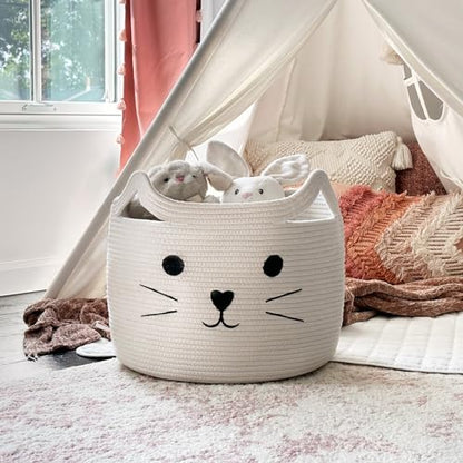 Large Woven Rope Cat Toy Basket with Cat Face Design, White - color: White, size: 15.7"W x 11.8"H