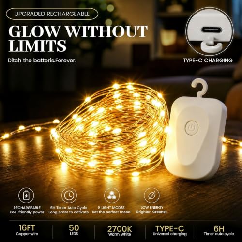 DomeStar 2 Pack Fairy Lights Battery Operate, 32 FT Rechargeable Lights - color: Warm White
