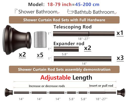 Oil Rubbed Bronze Tension Shower Curtain Rod – Adjustable 18-79 Inches, Fits 20-78 Inch Spaces (Ideal for 72" Wide Bathrooms), Rust Resistance Adjustable Durable Spring No Drilling - color: Bronze, size: 18-79 inch
