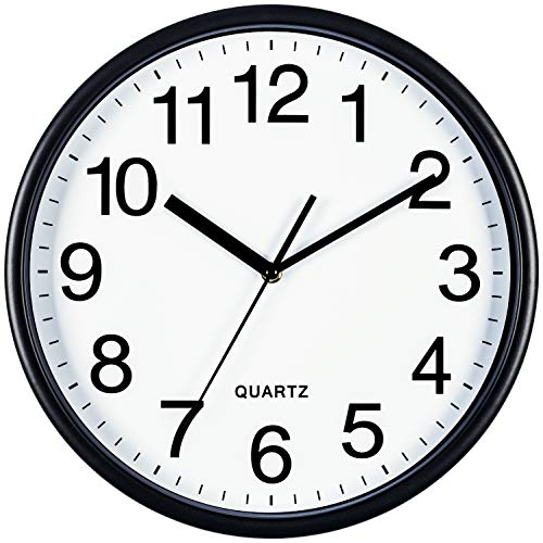 Bernhard Products Black Wall Clock, Large 13-Inch Silent Non Ticking Quartz Battery Operated Round Easy to Read Classroom/Home/School/Office Clock - size: 13 Inch