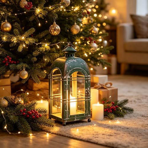 Vintage Farmhouse Metal Candle Lantern - 14 Inches Rustic Distressed Green Lanterns Indoor & Outdoor Decor Hanging Candle Holder Lantern for Garden Front Porch Patio Wedding Christmas (No Glass) - color: Green - No Glass