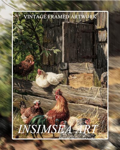 InSimSea Framed Canvas Wall Art - Funny Running Chicken & Chicken Coop - Rustic Farmhouse Painting - Country Wall Prints - Bedroom & Living Room - 8x10in - color: Leisurely Chickens, size: 10"L x 8"W