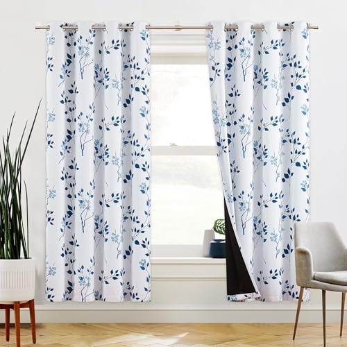 Beauoop Floral 100% Blackout Curtains for Bedroom Navy Blue 52X72 2 Panels - color: Grommet | Blue Navy, size: 52"W x 72"L (Pack of 2)