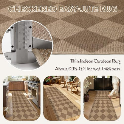 Lahome Checkered Easy Jute Kitchen Runner Rug, 2x8 Outdoor Rugs Washable - color: Nature/Checkerboard -2, size: 2'6" x 8' (Runner)