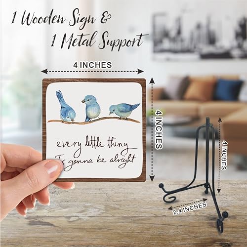 Every Little Thing Is Gonna Be Alright - 4" Wooden Sign With A Metal Support -Watercolor Adorable Birds, Positive Quotes Wooden Plaque Desk Decor, Uplifting Gifts, Home Decorations & Gifts - color: Blue, size: 4 x 4 x 4 inches